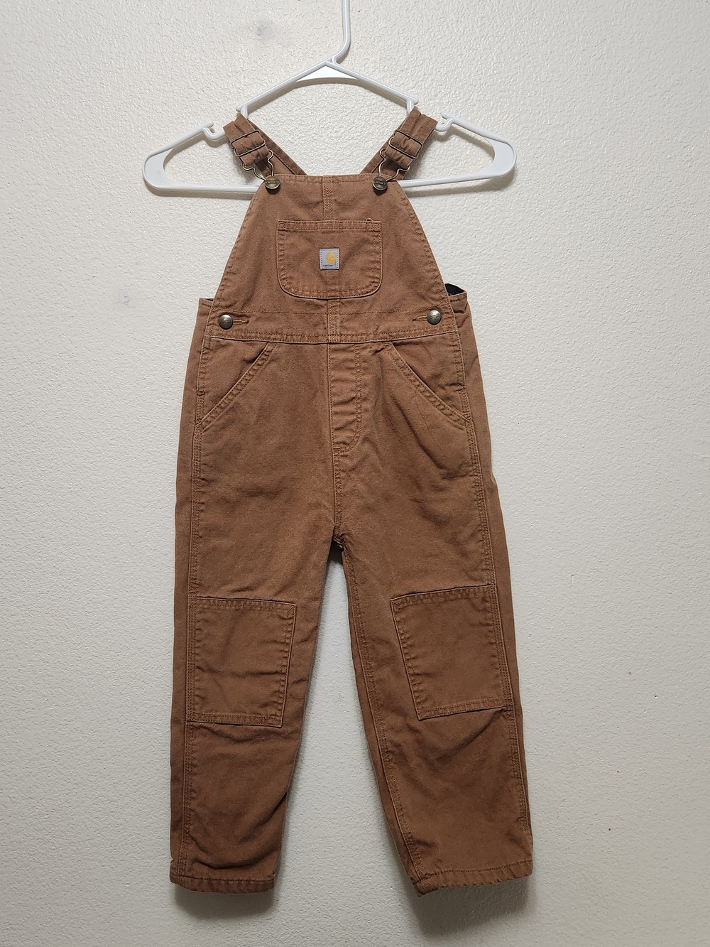 Carhartt Flannel Lined Overalls Kids 4T Brown Duck Canvas Bibs OX8645B Excellent